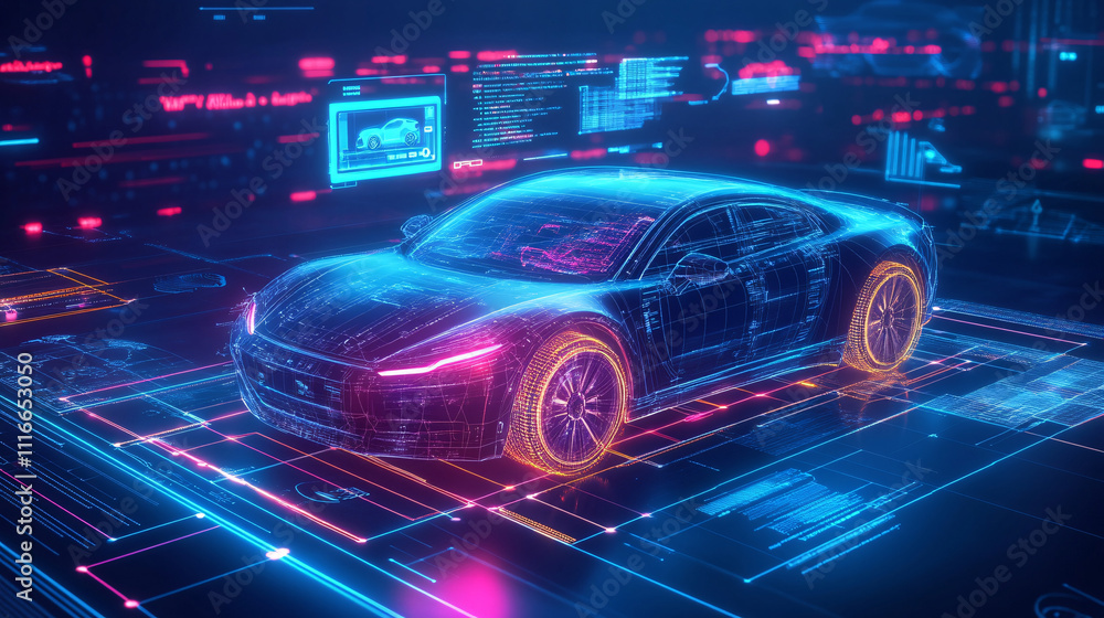 Poster a stylized car icon with virtual reality elements, displaying automotive data and online shopping tr