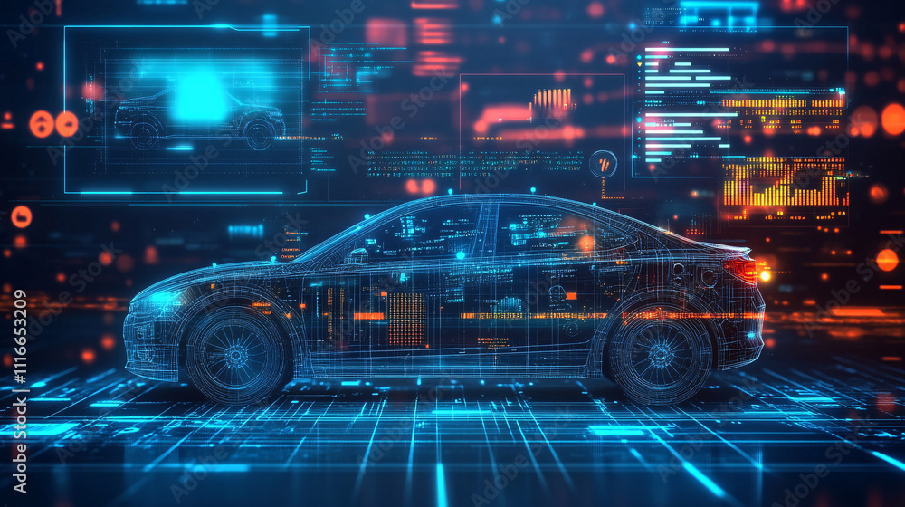 Poster a stylized car icon with virtual reality elements, displaying automotive data and online shopping tr