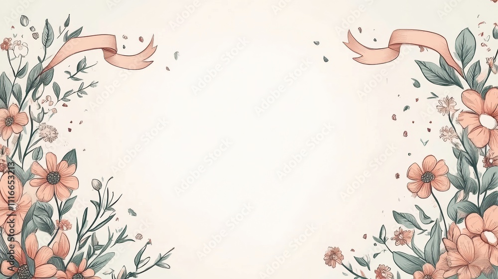 Poster hand-drawn spring flower wreaths with ribbons create a charming backdrop for customizable text, idea