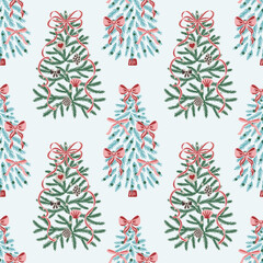 Seamless pattern with hand drawn Christmas trees decorated ribbons, bows and ornaments on light blue background. Decorative holiday vector design for wrapping paper, textile, wallpaper