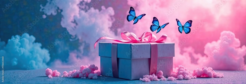 Poster moment of joy captured with a gift box adorned with a ribbon, as butterflies flutter nearby against 