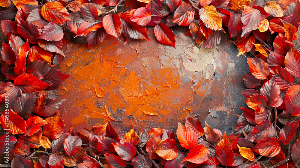 Poster Vibrant autumn leaves creating a captivating border around a textured canvas