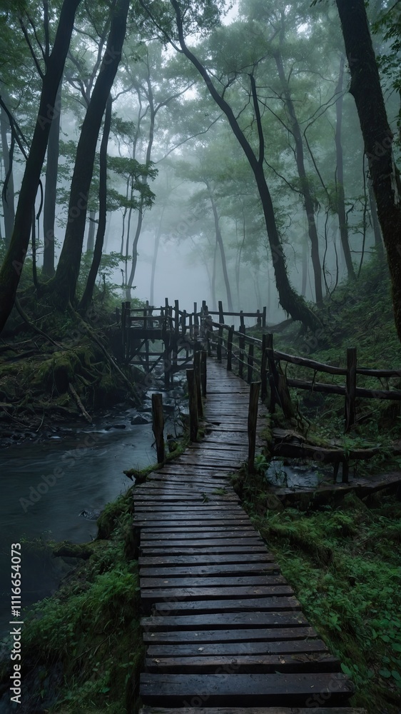 Wall mural Forest path on a foggy autumn morning. Trip to the Turbacz mountain
