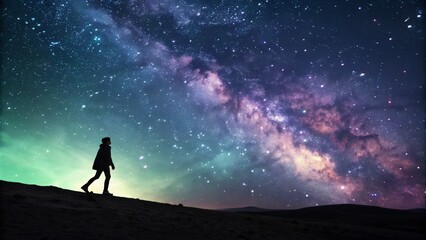Fototapeta premium Milky Way Wanderer Silhouette, Night Sky, Cosmic Journey