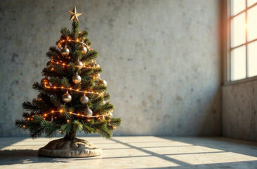 Christmas Home Interior. Festive Room Decoration. Creative future dask New Year tree on Light Gray Background. Blur, Bokeh Background. Copy Space.