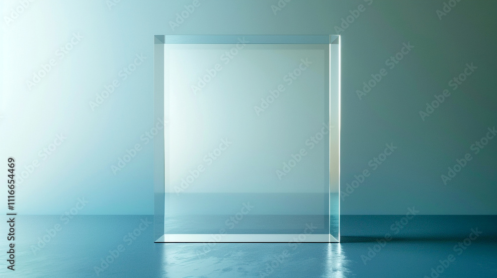 Poster transparent structure stands alone in a minimalist setting with soft lighting tones