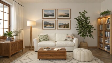 Modern Minimalist Living Room Four Landscape Prints, Neutral Palette, Wooden Accents