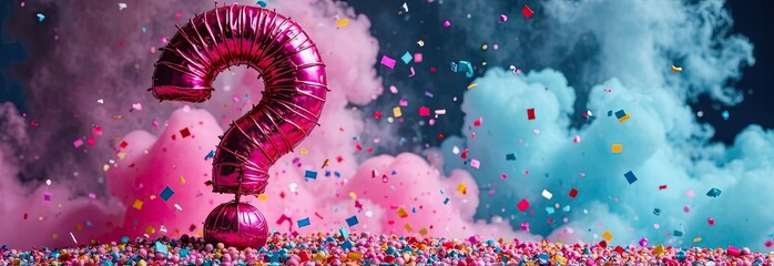 A large pink question mark balloon stands out against a backdrop of colorful confetti and fluffy clouds during a lively party atmosphere. Generative AI