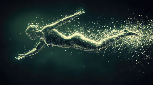 Digital Ascendance: Futuristic Human Silhouette Disintegrating into Particles