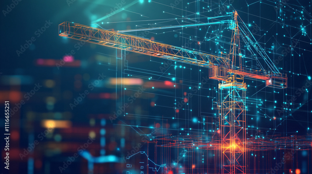 Poster a stylized construction crane icon with data streams representing online project management, buildin