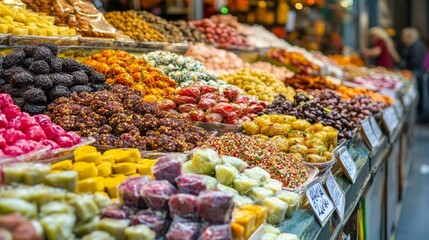 Obraz premium Colorful Sweet Treats at a Vibrant Market Stall