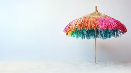 Colorful beach umbrella on white sand against a light blue background.