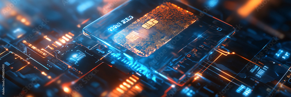 Poster a stylized credit card icon made from transparent circuits, floating over a matrix of financial data