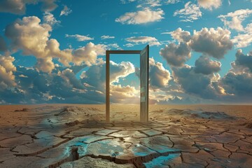 Pathway along a dry, cracked desert land, going to a opened door to another better and colorful world.