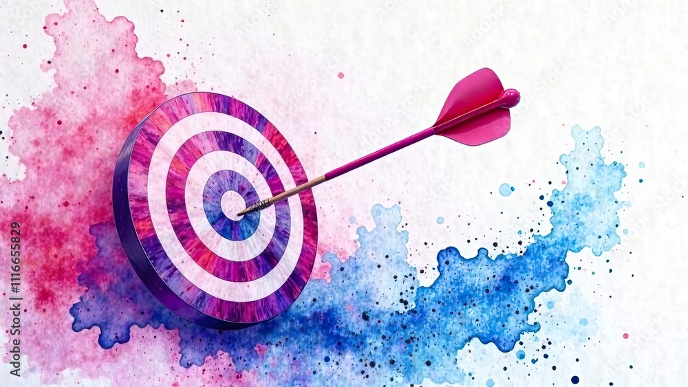 Poster a colorful target with a dart embedded in the bullseye is set against a vibrant splatter background,