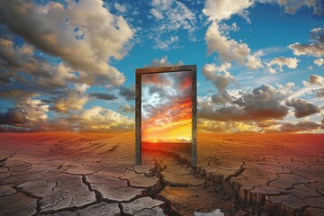 Pathway along a dry, cracked desert land, going to a opened door to another better and colorful world.