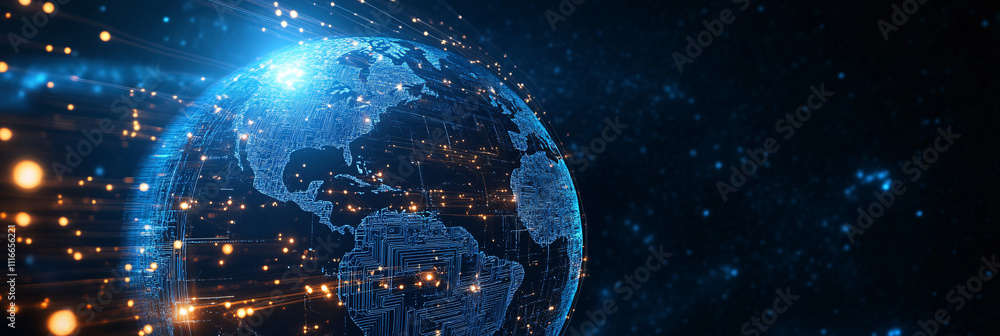 Poster a stylized earth icon made of glowing circuits, with data streams linking various continents, symbol