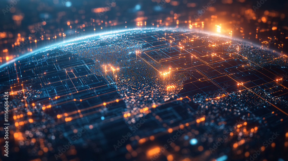 Poster a stylized earth icon made of glowing circuits, with data streams linking various continents, symbol