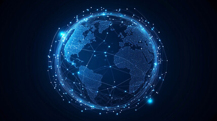 Obraz premium A stylized Earth icon made of glowing circuits, with data streams linking various continents, symbolizing global tech networks and connectivity. 