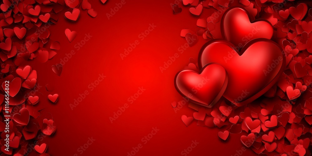 Poster three shiny red hearts stand out on a red background with small hearts creating a frame, ideal for v