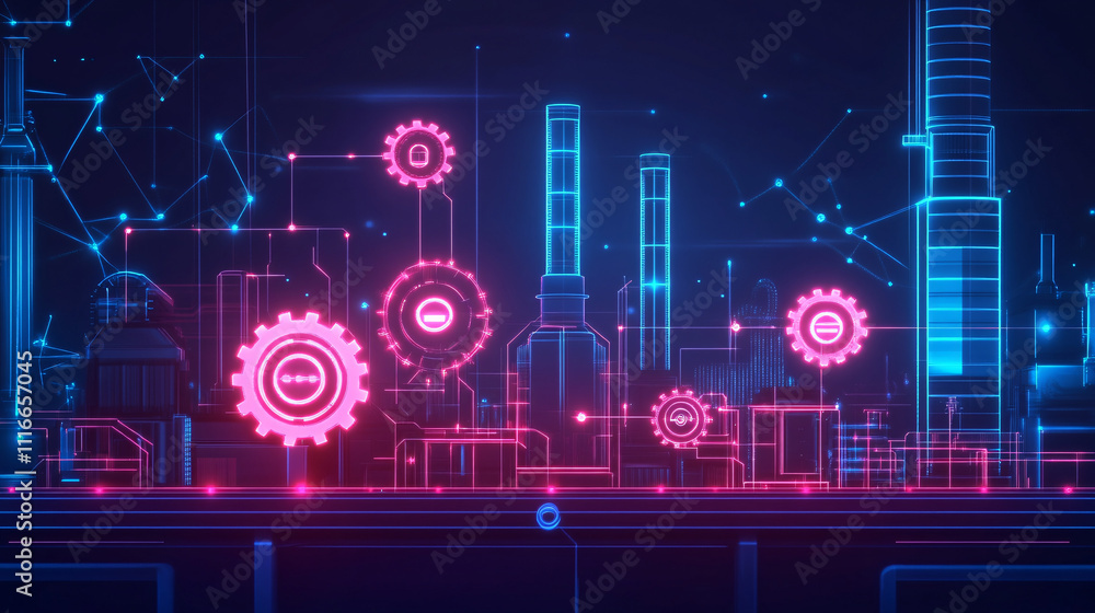 Poster a stylized factory icon with neon gears turning, connected to a digital grid representing automation