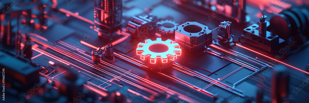 Poster a stylized factory icon with neon gears turning, connected to a digital grid representing automation