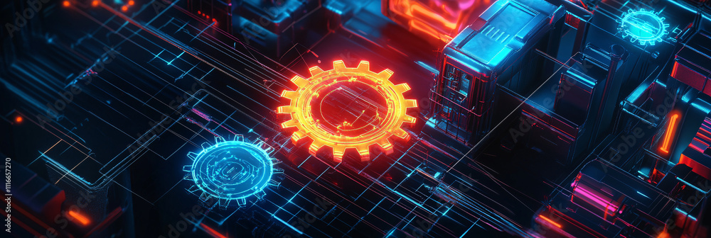Poster a stylized factory icon with neon gears turning, connected to a digital grid representing automation