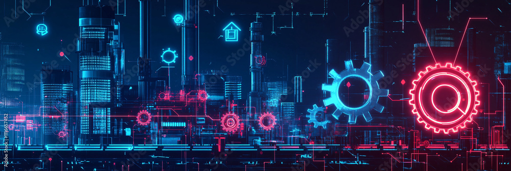 Poster a stylized factory icon with neon gears turning, connected to a digital grid representing automation