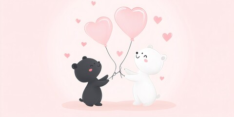Charming illustration of a black and white bear with heart balloons, spreading love and tenderness on valentine's day
