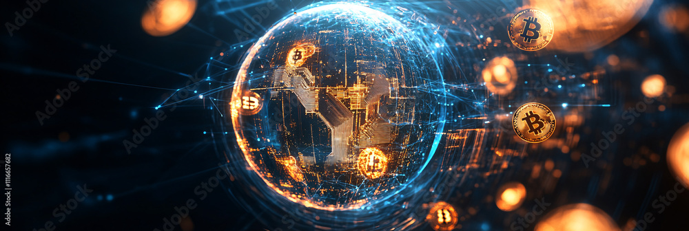 Poster a stylized globe icon with glowing cryptocurrency symbols floating around it, representing blockchai