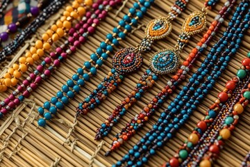 A vibrant display of ethnic-inspired artificial beaded earrings on a woven bamboo mat.