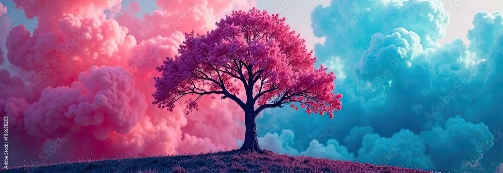 Poster a striking pink tree stands alone on a hill, enveloped in fluffy pink and blue clouds, creating a su