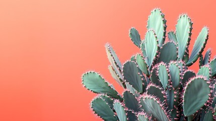 Green cactus against coral background.