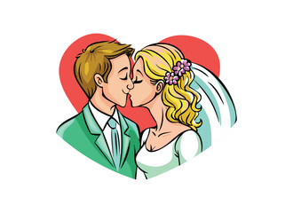 Romantic Wedding Couple Kissing Cartoon Illustration