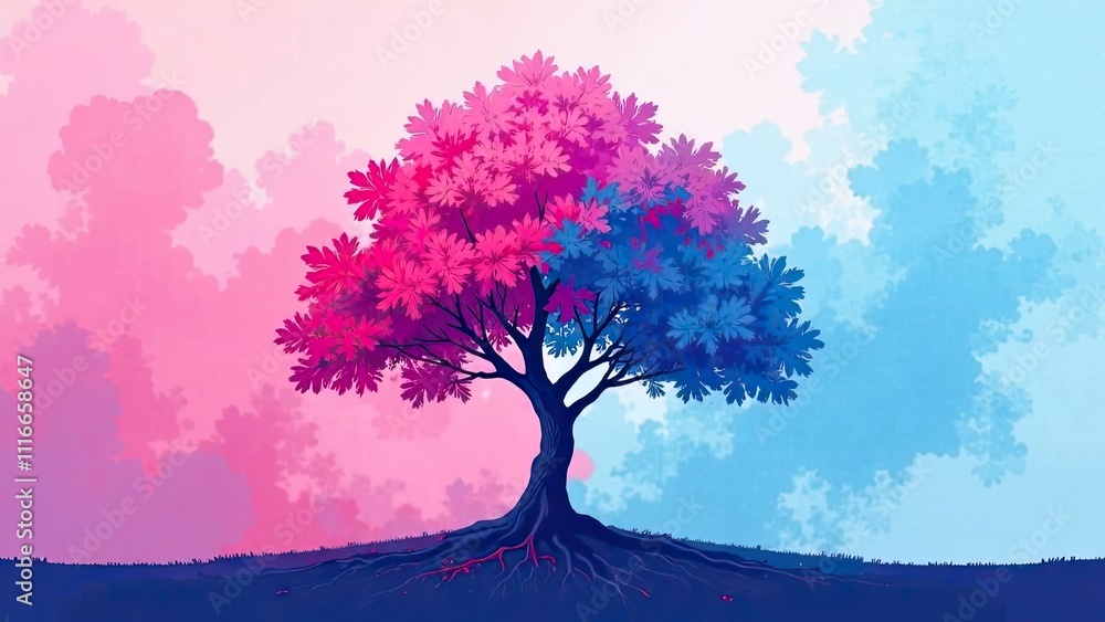 Poster a stunning tree with colorful leaves stands in a serene atmosphere, creating an inviting space for a