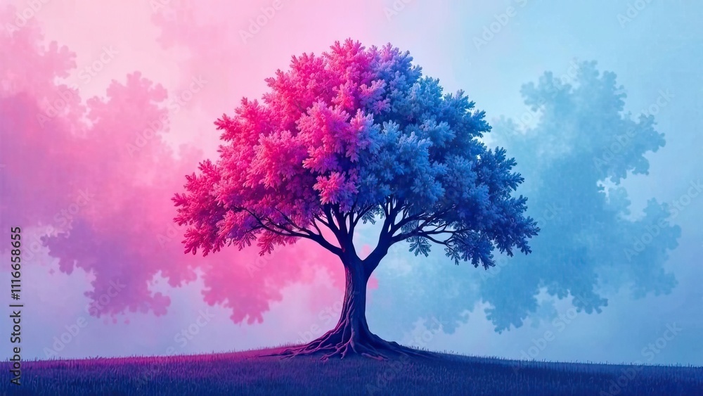 Poster a stunning tree stands against a backdrop of colorful smoke, creating a striking contrast that capti