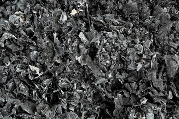 Pieces of burnt paper as background, top view. Paper ash burned by fire. Cinder.