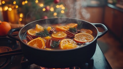 Steaming pot of mulled wine simmering on stove with christmas tree lights in background