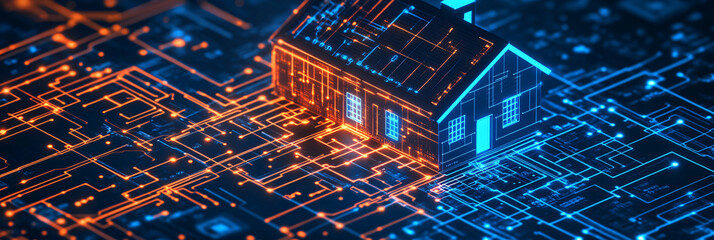 Obraz premium A stylized house icon glowing with circuits, representing smart homes, IoT technology, and digital home management tools. 