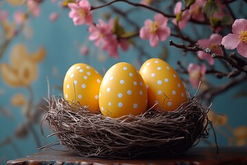 Yellow Easter eggs in a nest with white dots, pink flowers in the background, a lovely washing machine, cute clipart, cut-out shapes on a table, a natural style, vibrant Chrome colors, Easter decorati