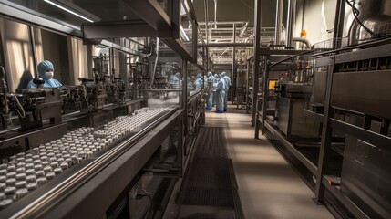 Fototapeta premium Pharmaceutical manufacturing facility with automated pill production lines, clean rooms, and workers in protective suits ensuring high standards of medicine production
