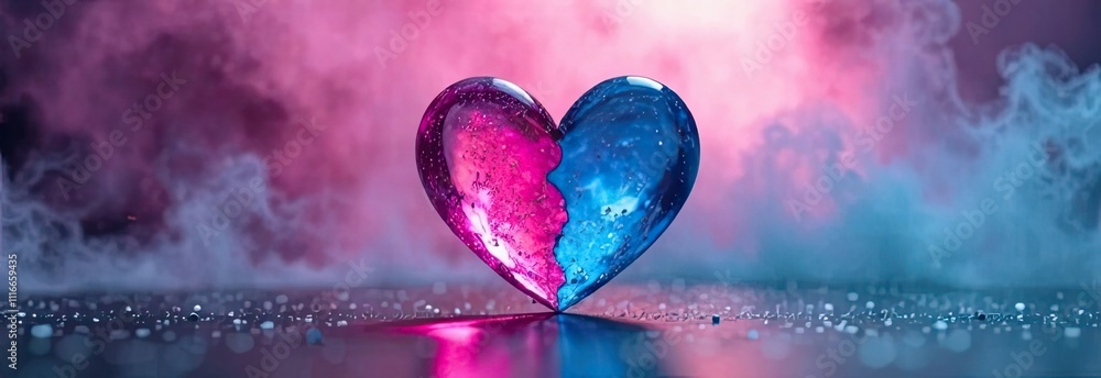 Poster brightly colored heart-shaped resin displayed on reflective surface with pink and blue lighting effe