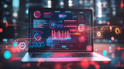 Obraz premium A stylized laptop icon with data waves flowing through the screen, surrounded by glowing icons for online business, marketing tools, and analytics. 