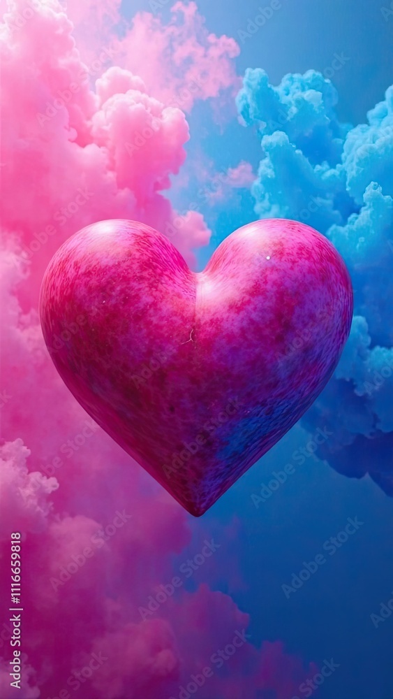 Poster a large, glossy heart floats surrounded by colorful clouds in shades of pink and blue, creating a wh