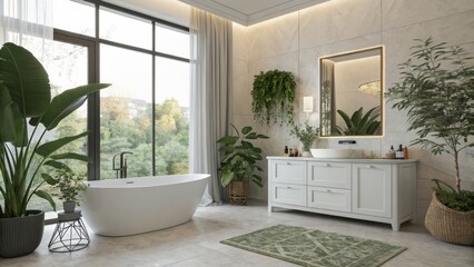 Fototapeta premium Serene Jungle Bathroom Freestanding Tub, Lush Greenery, Modern Vanity