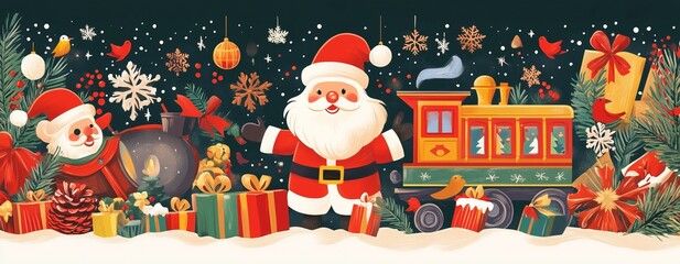 Fototapeta premium Christmas decorative banner with funny Santa Claus, nutcracker, locomotive and gift boxes and many others