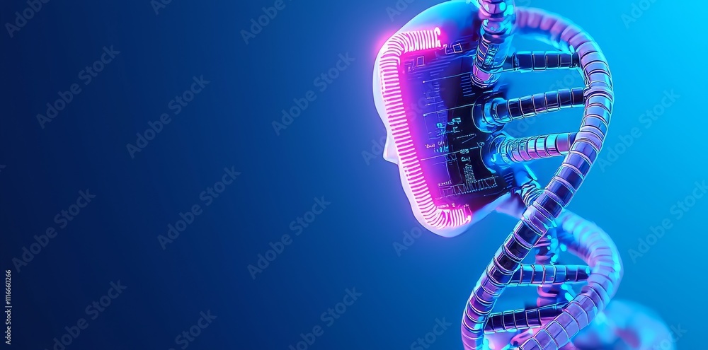 Poster a futuristic image of a dna strand in a digital setting, representing progress in biotechnology.