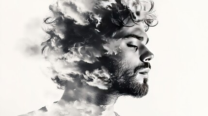 Monochrome double exposure portrait of a man with clouds.