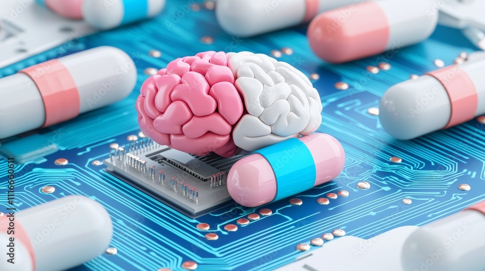 Poster a futuristic brain encapsulated, symbolizing cutting-edge neuroscience. a concept pill with ai techn
