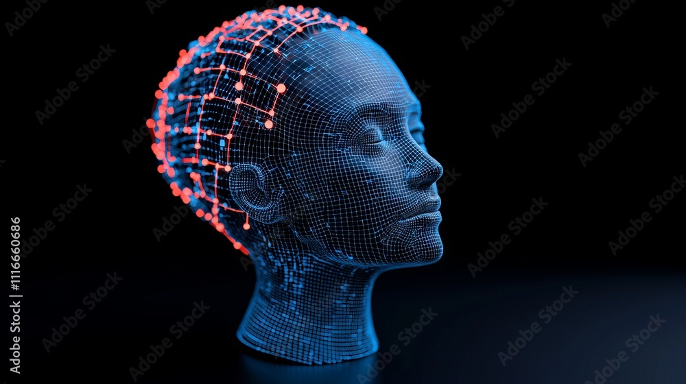 Poster the ai concept image features a digital hologram of a human, generated by ai.